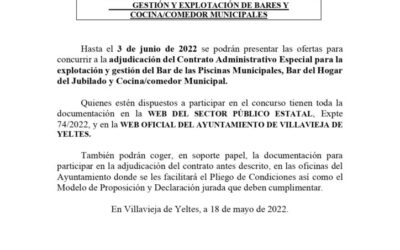 Anuncio de licitación para la contratación de la gestión y explotación de los bares, cocina y comedor municipales