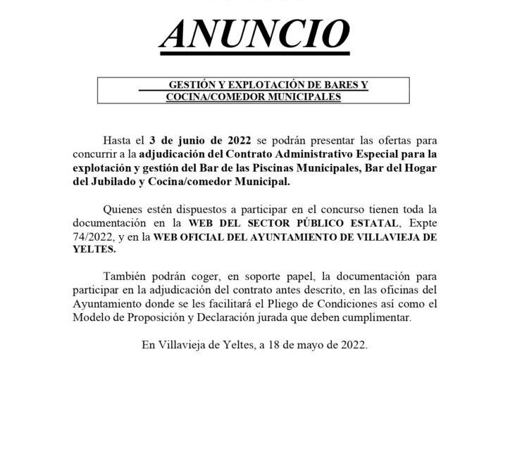 Anuncio de licitación para la contratación de la gestión y explotación de los bares, cocina y comedor municipales