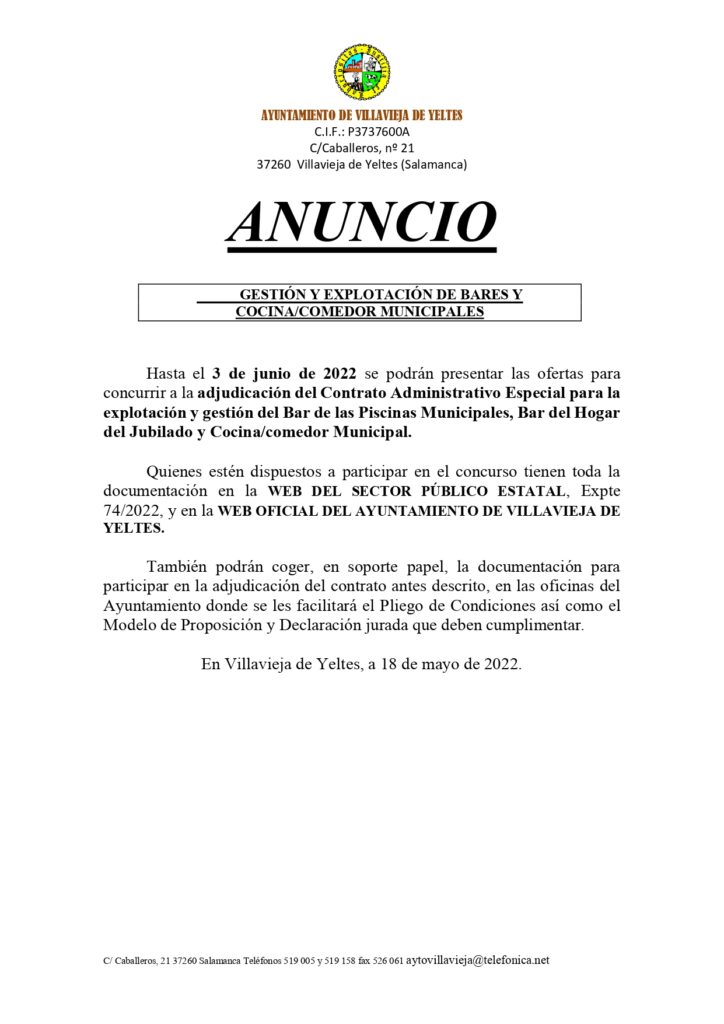 Anuncio de licitación para la contratación de la gestión y explotación de los bares, cocina y comedor municipales